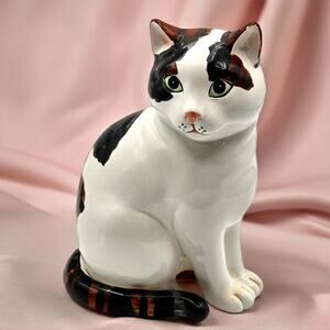 Large Vintage Ceramic Calico Cat Figurine Statue 7.5 Inch Sitting Glossy